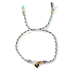 Черный Браслеты ручной работы с подвесками в виде сердечек из латуни с эмалью., Браслеты из плетеного шнура с бусинами для женщин, с пластиковой имитационной жемчужиной, чёрные, 11.02 дюйм (28 см)