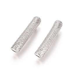 Platinum Brass Micro Pave Clear Cubic Zirconia Beads, Long-Lasting Plated, Tube Beads, Cadmium Free & Lead Free, Platinum, 30x6mm, Hole: 4mm