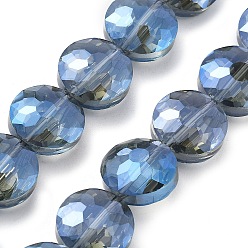 Васильковый Гальванизируйте прозрачное стекло бисер нитей, плоско-круглые, гальваническое покрытие, васильковый, 14x7.5 мм, отверстие : 1.2 мм, около 29 шт / нитка, 15.98'' (40.6 см)