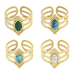 Смешанные камни Ионное покрытие (ip) 304 манжеты из нержавеющей стали с синтетическими драгоценными камнями, открытые кольца с широкой полосой «конский глаз» для женщин и мужчин, реальный 18 k позолоченный, 15 мм, внутренний диаметр: регулируемый