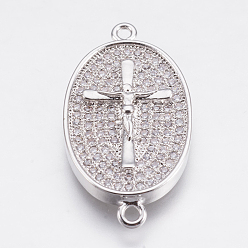 Platinum Brass Micro Pave Cubic Zirconia Links, Clear, Oval with Crucifix, Platinum, 30x15x3mm, Hole: 1.4mm