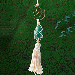 Зеленый Авантюрин Хлопок макраме ручной работы с подвеской из натурального зеленого авантюрина, луна со звездой для внутреннего зеркала заднего вида автомобиля подвесной орнамент, 420~430 мм