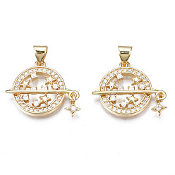 Real 18K Gold Plated Brass Micro Pave Clear Cubic Zirconia Pendants, Nickel Free, Flat Round with Star, Real 18K Gold Plated, 17x21x3mm, Hole: 3x5mm