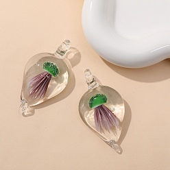 Green Handmade Lampwork Pendants, Teardrop with Jellyfish, Green, 59x32mm