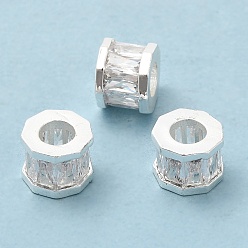 Серебро Стойки обшивки латунь кубического циркония европейский шариков, бусины с большим отверстием, без кадмия и без свинца, долговечный, многоугольник, серебряный цвет гальваническим, 9x7 мм, отверстие : 4.5 мм