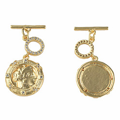 Real 18K Gold Plated Brass Micro Pave Clear Cubic Zirconia Toggle Clasps, Nickel Free, Flat Round, Real 18K Gold Plated, 33mm, Hole: 1.2mm, Flat Round: 19x17x2mm