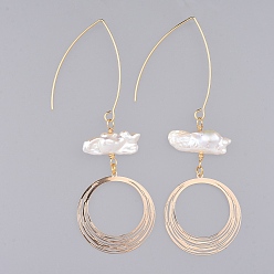 Golden Dangle Earrings, with Natural Baroque Pearl Keshi Pearl, Copper Wire, 304 Stainless Steel Earring Hooks, Brass Pendant and Cardboard Boxes, Golden, 90mm, Pin: 0.8mm