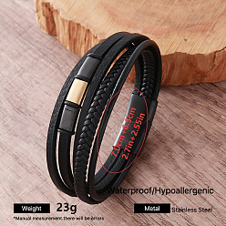 Golden Vintage 304 Stainless Steel Leather Bracelets for Men, Hip Hop Style Jewelry, Black, Golden, Inner Diameter: 2.76 inch(7cm)