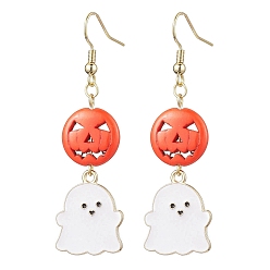 Golden Dyed Synthetic Turquoise and Alloy Enamel Pendants Earrings, Pumpkin & Ghost, for Halloween, Golden, 60x18mm