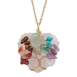 Сердце Ожерелья с подвесками из драгоценных камней для йоги чакра, кулон из розового кварца 304 ожерелья из нержавеющей стали с цепочкой-кабелем, золотые, сердце, 17.72 дюйм (45 см), Кулон : 37x31 мм