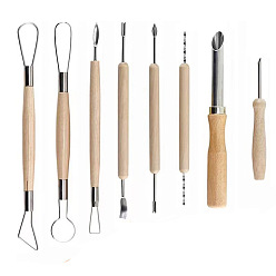 Цвет Древесины Инструменты для скульптуры из глины из нержавеющей стали, инструмент для резьбы по фарфору с деревянной ручкой, деревесиные, 13.3~20.5 см, 8 шт / комплект