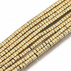 Real 18K Gold Plated Electroplate Non-magnetic Synthetic Hematite Beads Strands, Column, Real 18K Gold Plated, 1.5x1mm, Hole: 0.8mm, about 382~390pcs/strand, 15.75 inch~15.94 inch(40cm~40.5cm)