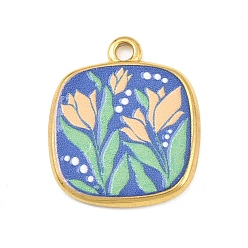 Аквамарин Печатные 304 подвески из нержавеющей стали, квадратные с цветком, вакуумное покрытие pvd, реальный 18 k позолоченный, аквамарин, 21x18x2 мм, отверстие : 1.8 мм