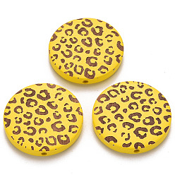 Желтый Расписные бусы из натурального дерева, лазерная гравировка, плоские круглые с леопардовым принтом, желтые, 30x5 мм, отверстие : 1.6 мм
