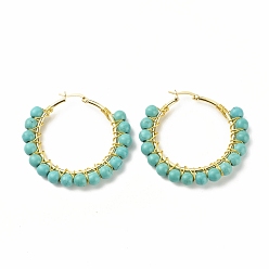 Синтетическая Бирюза Синтетические бирюзовые серьги-кольца для женщин, большие круглые серьги-кольца из настоящей позолоченной проволоки 18k, 47~49x51~52x6~6.6 мм, штифты : 1.4x0.4 мм