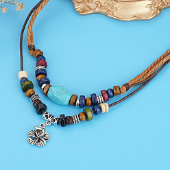 Цветок Ожерелья из сплава, синтетического немагнитного гематита и дерева с подвеской в виде двухслойного матового шнура для мужчин, античное серебро, цветок, 17.72 дюйм (45 см)