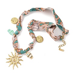 Золотой 304 Женские шарфы-ожерелья из полиэстера с подвеской в виде солнца и рыбы из нержавеющей стали и смолы, бирюзового цвета, золотые, 17.72 дюйм (45 см)