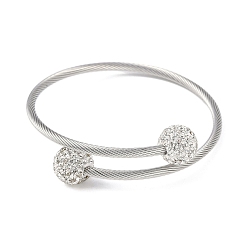 Нержавеющая Сталь Цвет 304 браслеты с открытыми манжетами из нержавеющей стали и полимерной глины, круглые бусины со стразами, витые браслеты с крутящим моментом, цвет нержавеющей стали, внутренний диаметр: 2-1/4 дюйм (5.8 см)