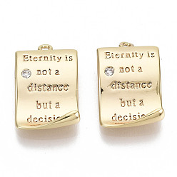 Real 18K Gold Plated Brass Micro Pave Clear Cubic Zirconia Quote Pendants, Rectangle with Word, Nickel Free, Real 18K Gold Plated, 15.5x10x3.5mm, Hole: 1mm
