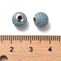 Bleu Ciel Plaqué rhodium 925 perles en argent sterling micro pavées de zircones cubiques, ronde, Platine plaqué, bleu ciel, 8x7.5mm, Trou: 2.2mm