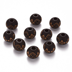 Coconut Brown Painted Natural Wood Beads, Laser Engraved Pattern, Round with Flower Pattern, Coconut Brown, 10x9mm, Hole: 3mm