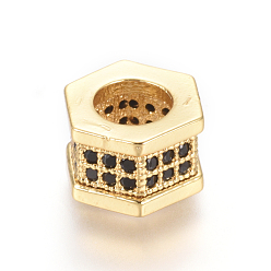 Golden Brass Micro Pave Cubic Zirconia Beads, Hexagon, Black, Golden, 7.5x8.5x5mm, Hole: 4.5mm