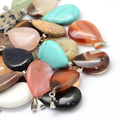Mixed Stone Teardrop Natural & Synthetic Mixed Stone Pendants, with Platinum Tone Brass Findings, 25~29x16~17x5~6mm, Hole: 2x7mm