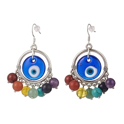 Mixed Color Handmade Evil Eye Lampwork  Earrings, 7 Chakra Mixed Gemstone Bead Earrings, with 304 Stainless Steel French Earring Hooks, Silver Plated Color, Mixed Color, 61mm, Pendant: 45x39x15mm, Pin: 0.7mm