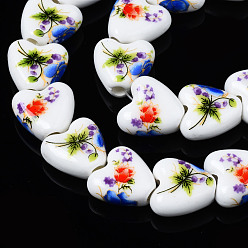 Red Handmade Porcelain Ceramic Beads Strands, Flower Printed, Heart, Red, 15x15x7mm, Hole: 3mm, about 23pcs/strand, 12.8 inches(32.5cm)