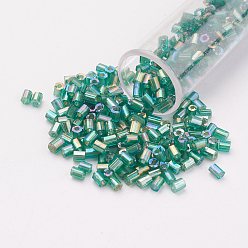 Sea Green 11/0 Two Cut Round Hole Glass Seed Beads, Hexagon, Silver Lined, Rainbow Plated, Sea Green, 2x2mm, Hole: 0.5mm, about 41000pcs/pound