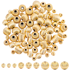 Echt 14 k vergoldet Messing geriffelte Perlen, Nickel frei, Runde, echt 14 k vergoldet, 4~8 mm, Bohrung: 1~1.8 mm, 30 Stück / Stil