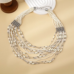 Белый Многорядные ожерелья из стеклянных бусин в стиле бохо, с фурнитурой платина железная, белые, 20.87 дюйм (53 см)