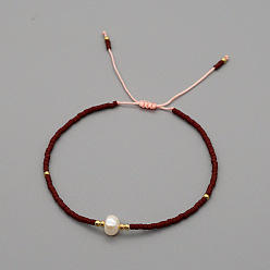 Темно-Красный Регулируемые браслеты из плетеного бисера и стеклянных бусин для женщин, с натуральным пресноводным жемчугом, темно-красный, 11.02 дюйм (28 см)