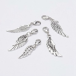 Antique Silver Alloy Pendants, Wing, with Brass Lobster Claw Clasps, Antique Silver, 35.5~47mm