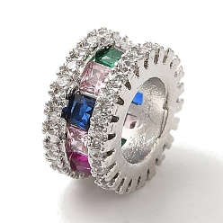 Платина Плоские круглые латунные микропаве цветные кубические циркониевые европейские бусины, бусины с большим отверстием, долговечный, без кадмия и без свинца, платина, 10x5 мм, отверстие : 5.5 мм