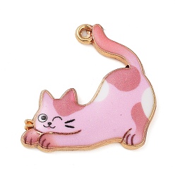 Бледно-Розовый Стойки обшивки сплава эмали подвески, золотые, кошачье очарование, розовый жемчуг, 25x25x2 мм, отверстие : 2 мм