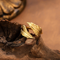 Золотой 304 открытые кольца-манжеты из нержавеющей стали для женщин, перо, золотые, 15~20 мм