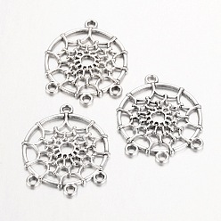 Antique Silver Tibetan Style Alloy Chandelier Components Links, Lead Free & Cadmium Free & Nickel Free, Flat Round with Web, Antique Silver, 34x28x2mm, Hole: 3mm