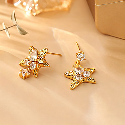 Golden Messing micro pave klar zirkonia ohrstecker, Seestern, golden, 18x15 mm