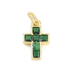 Зеленый Латунные микро проложить кубического циркония подвески, крест очарование, долговечный, стойки покрытие, без свинца и без кадмия, реальный 18 k позолоченный, зелёные, 14x8.5x2.5 мм, отверстие : 3.5 мм