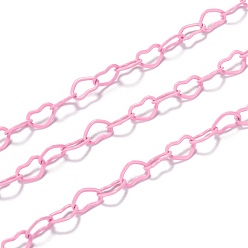 Pink Spray Painted Brass Heart Link Chains, Soldered, with Spool, Pink, 6x4.5x0.5mm, 32.8 Feet(10m)/roll