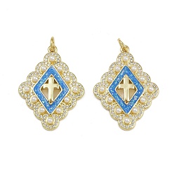 Настоящее золото 18K Латунные микропроволочные кубические циркониевые подвески из эмали, ромб с крестообразными подвесками, с соединительным кольцом и жемчужиной из АБС-пластика, реальный 18 k позолоченный, 30x22x4 мм, отверстие : 3.5 мм