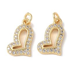 Настоящее золото 18K Латунные микропаве прозрачные подвески с фианитом, сердце прелести, без кадмия и без свинца, долговечный, стойки покрытие, реальный 18 k позолоченный, 13.5x8.3x1.7 мм, отверстие : 1 мм