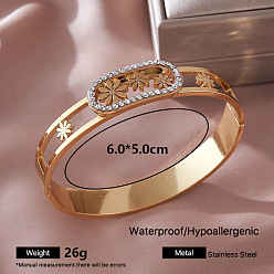 Flower 304 Stainless Steel Crystal Rhinestone Hinged Cuff Bangles for Women, Golden, Flower, Inner Diameter: 2.36 inch(6cm)
