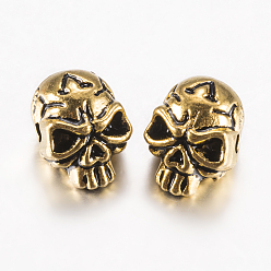 Античное Золото Сплавочные овальные бусины тибетского стиля , череп, античное золото , 12x9x10 мм, отверстие : 1.5 мм