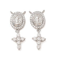 Platinum Brass Micro Pave Clear Cubic Zirconia Pendants, Oval with Saint Benedict Medal & Cross Charms, Platinum, 28.5x11.5x3.5mm, Hole: 1.4mm