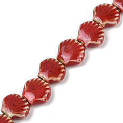 FireBrick Handmade Porcelain Beads Strands, Shell Shape, FireBrick, 13.5x13~14x6mm, Hole: 1.8mm, about 28pcs/strand, 14.37''(36.5cm)