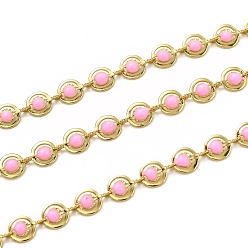 Pink Kettenglieder aus Messing, mit Emaille, Spule, cadmiumfrei und bleifrei, langlebig überzogen, ungeschweißte, Flachrund, golden, rosa, Links: 9x6x1.5 mm