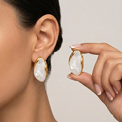 White 304 Stainless Steel Resin Teardrop Stud Earrings for Women, Golden, White, 37.5x21mm