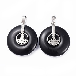 Обсидиан Природные подвески обсидиана, с латунной фурнитурой платинового цвета, пончик / пи диск с буддой, 35.5x30x8.5~9.5 мм, отверстие : 4.5x6.5 мм